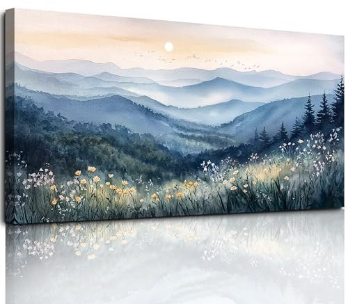 MHARTK66 Cyan Aquarell Leinwand Bilder, 50x100 cm Groß Wandbilder Wohnzimmer Landschaft Bild Aesthetic, Modern Wanddeko Kunstdruck Schlafzimmer Esszimmer Büro Küche Badezimmer