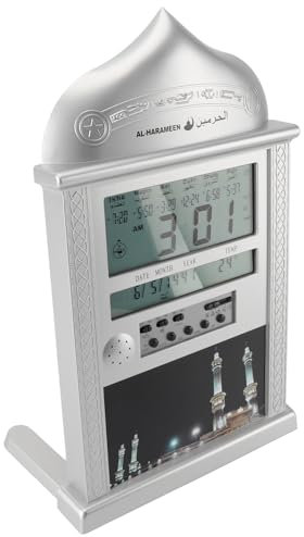 Jwthee Azan-Uhr, Azan-Gebetswand-Wecker-Wanduhr, Athan-Wanduhr, Kalender-Wecker, multifunktionale muslimische Gebets-Wanduhr für Heimdekoration (Silber)