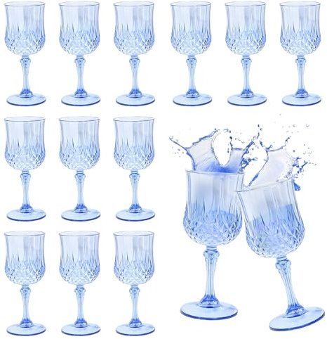 LOPYXBR Blue Plastic Wine Glasses Reusable Set of 12, 220ml/7.7oz Plastic Wine Glass Blue Crystal Effect Wines Glasses for Birthday Party Weddings BBQ Picnics(220ml)