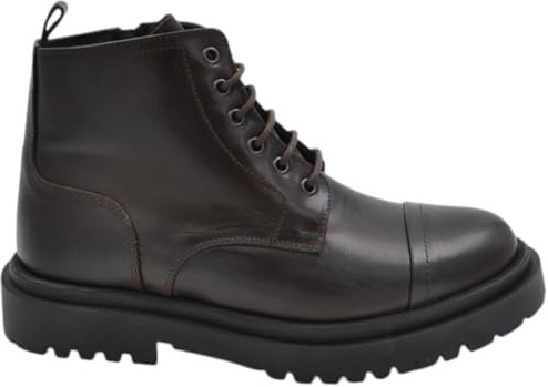 Scarpe Stivale Uomo Anfibio Lacci Vera Pelle Matte Marrone Suola Gomma Alta 3,5 cm Zip Comfort Basic Made in Italy (42 EU)