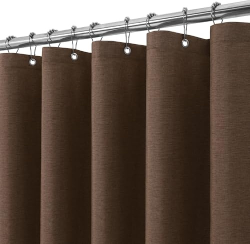 VANZAVANZU Shower Curtain for Bathroom with Metal Hooks Linen Fabric Shower Curtain Heavy Duty Bath Curtain for Wet Room Bathtub Shower Stall, Weighted Hem, Waterproof - 182 x 214cm (Brown)