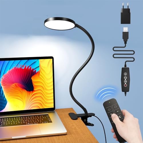 iFalarila 61 LED Desk Lamp with Remote - Super Bright Dimmable Clamp Lamp for Home Office with 3 Colour Temperatures and 5 Brightness Levels, Office Lamp with 10W USB Adapter