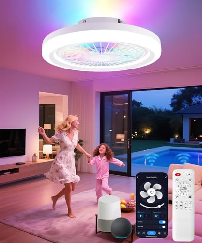 vookea 2 in 1 Ceiling Fan with Light, 20 Inch Safety Design for Kids, RGB Colour, Intelligent Application/Remote Control, Quiet DC Motor