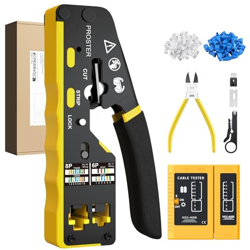 Proster Crimpadora RJ45 para Cable CAT6 y Teléfono 6P con Pelacables, Tijera y Tester - Kit Completo para Redes Profesionales y Hogar