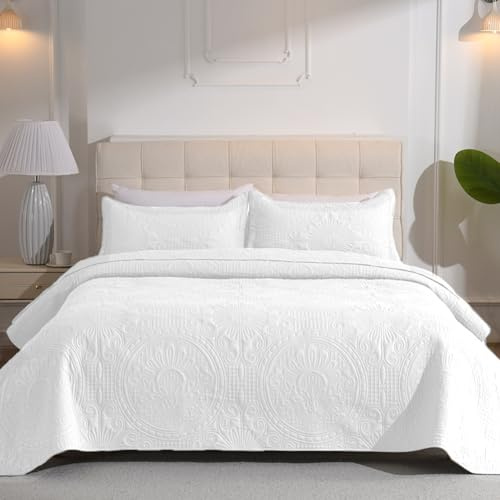 DUJUIKE Tagesdecke Bettüberwurf 200x220cm, Blattschutzdecke Schlafzimmerdecke, Mit 2 Kissenbezügen 50x75cm, Doppelseitiges Design Multifunktionale Steppdecke Als Sofadecke Tagesdecke (Weiß)