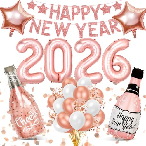 Silvester deko 2026,XXL Dekoration Set,Neujahr Silvesterdeko,Happy New Year 2026 Deko,2026 Anzahl Ballons + Girlande+Hampagnerflasche Kelch Folienballons,Party Deko Accessoire für Silvesterparty