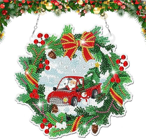 Zamety Diamond Painting Weihnachten Anhänger, Weihnachtskranz Diamond Painting Fensterbilder, Crystal Art Türkranz Weihnachten mit Kette, Kristallmalerei Basteln Hängend Fenster und Wand Decor