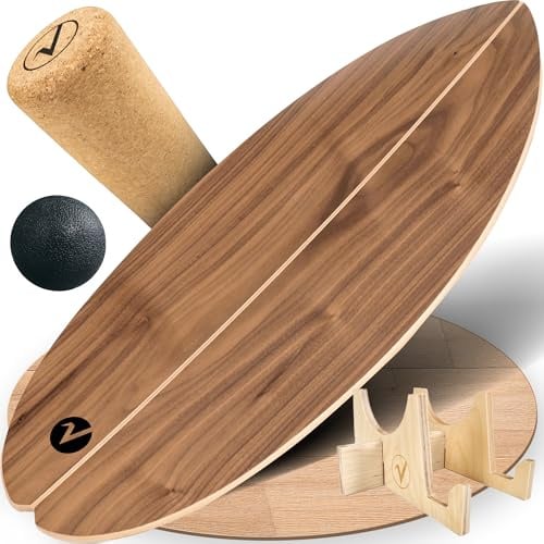 valuents Balance Board aus Holz in – mit abgerundeten Ecken – inkl. Rolle für Neuromuscular Response Training +Plus: Halterung & Ball