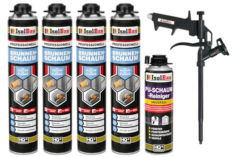 Isolbau - Brunnenschaum 1K Bauschaum Wasserdicht Aussen und Innen - 4 x Montageschaum 750 ml, 1 x PU-Schaum-Reiniger & 1 x Schaumpistole - PU-Schaum - Pistolenschaum Dämmschaum Isolierschaum