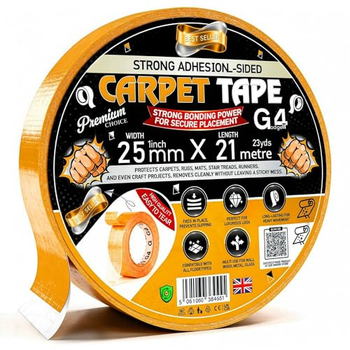 G4GADGET Double Sided Carpet Tape Heavy Duty 25mm x 21m Extra Strong Rug Tape for Carpet & Area Rugs – Residue Free, Easy Install, Anti Slip Carpet to Floor & Rug to Carpets Grip