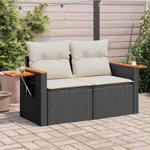 Massbinet Gartensofa mit Kissen 2-Sitzer Sofa mit Staufach Terrassensofa mit abnehmbarem waschbarem Bezug Gartenmöbel Schwarz Poly Rattan