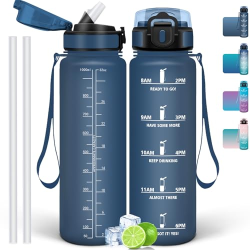 Mulbijeo Trinkflasche 1000 ml, Auslaufsicher, Wasserflasche BPA-Frei, Motivierende mit Zeitmarkierung, Trinkflasche mit Strohhalm Dunkelblau