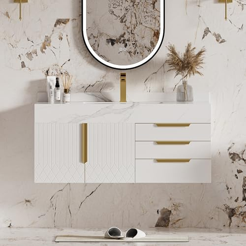 Homary Meuble Vasque Salle de Bain 90cm Suspendu, Meuble Salle de Bain avec Vasque en Céramique et Plateau en Pierre Frittée Blanc, Vanité Moderne avec 3 Tiroirs, 2 Portes et Poignées Dorées