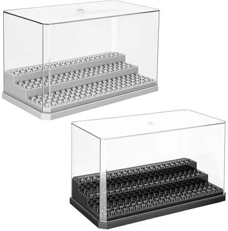 Vexnaro Acryl Vitrine Minifiguren 2 Stück, 3 Etagen Display Box Staubdicht Schaukasten für Baustein Figuren Modelle Sammlungen, Stapelbare Vitrine mit Sockel, Schwarz Grau Set
