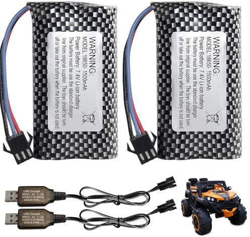 WDKXCN RC Akku 7.4V 18650, 2Pcs 1500Mah Lipo Akku 7 4V mit 2 Stück SM-3P Steckern und 2 USB Ladekabeln, Wiederaufladbare 18650 Batterie Li-ion Battery für Rc Autos, Drone,Panzer, Roboter
