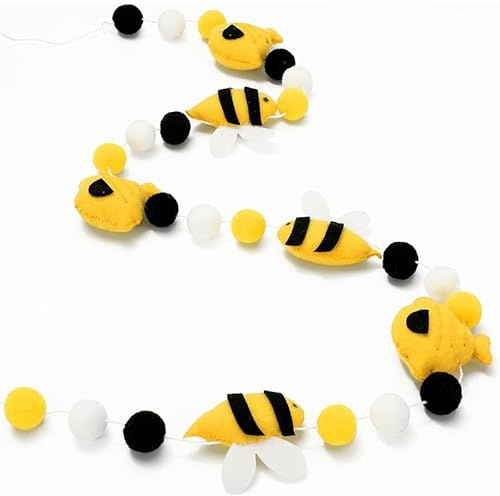 Filz Bienen Girlande, Gelb-Schwarz-Weiß, 2,5 m, mit Filzbienen und Pompons, Frühlingsdeko Sommerdeko für Hochzeit Babyparty (Gelb)