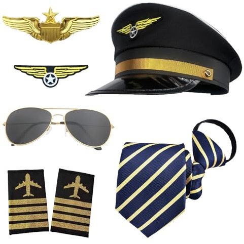 WSOAFVK 7 teiliges Pilot Kapitän Kostüm Zubehör, Pilotenmütze, Schulterklappen, Abzeichen, Sonnenbrille, Krawatte, Metall Anstecker, für Rollenspiel, Verkleidungsparty, Halloween, Karneval