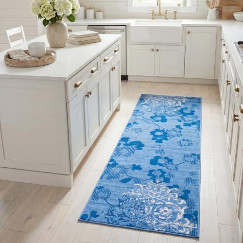 SAFAVIEH Adirondack Collection Runner Rug - 2'6 x 8', Light Blue & Dark Blue, Floral Glam Distressed Design, Non-Shedding & Easy Care, Ideal for High Traffic Areas in Living Room, Bedroom (ADR114F)