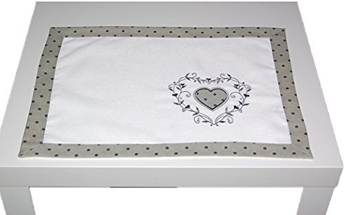 Tischdecken ALLZEIT Landhaus Bezaubernde TISCHDECKE Tischläufer 35x50 cm Baumwolloptik Stickerei Herz Hellgrau Punkte grau Shabby LANDHAUSstil (Tischläufer 35x50 cm)