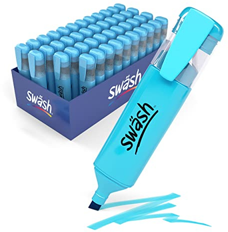 Swäsh HLP48BU Premium Highlighter Pens for Schools and Students – Wedge Tip – Neon Blue (48 Pack of Markers)