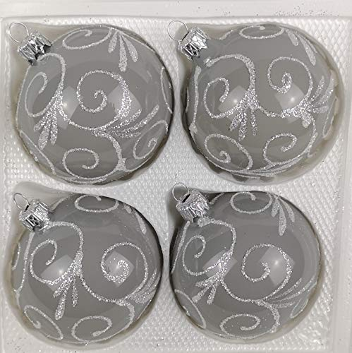 4 TLG. Glas-Weihnachtskugeln Set 10cm Ø in Hochglanz Modern Grau Weisse Ornamente Edle Neuheit - Christbaumkugeln - Weihnachtsschmuck-Christbaumschmuck 10cm Durchmesser