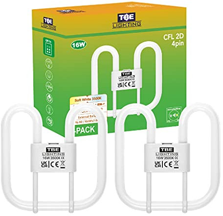TBE Lighting 16w 2D 4-PIN CFL Energy Saving Lamps - DD Fluorescent Bulbs - 4-Pin GR10q Base Fittings - Long Life Lamp, Soft White 3500K (2-Pack)
