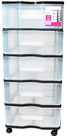 Tradineur - Cajoneras de plástico negro 5 cajones con ruedas 85 x 38 x 39 cm