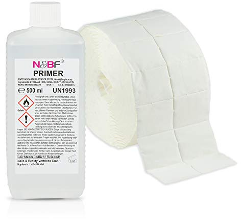 N&BF Primer 500ml + 1000 Zelletten Cellulose Pads (2 Rollen à 500 Stück) | Haftvermittler flüssig in Vorratsflasche | Grundierung für Gelnägel & Acrylnägel | Ultrabond Nagelprimer