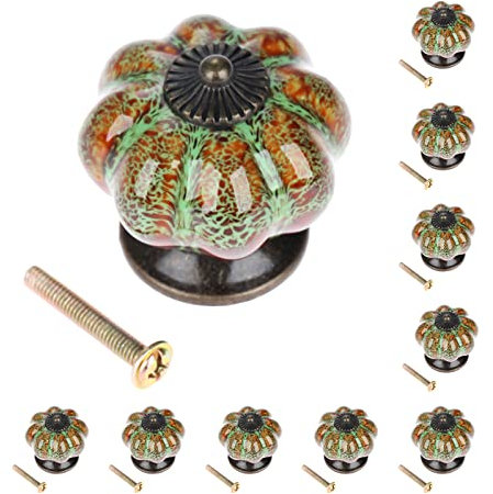 Mgoodoo Ceramic Door Knob Antique Pumpkin for Cabinets Cupboard Dresser Drawers Kitchen Furniture Handles Pulls (10 Pcs, Green)