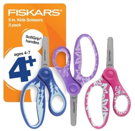 Fiskars Softgrip Scheren mit stumpfer Spitze für Kinder – 3er-Pack – 12,7 cm Kinderschere zum Basteln für die Schule ab 4 Jahren – Blau, Lila, Rosa