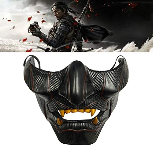 QoFina Halloween Requisiten Dekorationen, Ghost of Tsushima, Jin Sakai Maske Erwachsene Lustiger Geist von Tsushima Mask Half Face Hannya Kabuki-Maske,Harz
