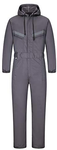 Yukirtiq Men's Workwear Hooded Boilersuit Coverall with Multi Pockets, Heavy Duty Polycotton Overall Trousers Mechanics Boiler Suit with Reflective Tape, Grey, XS