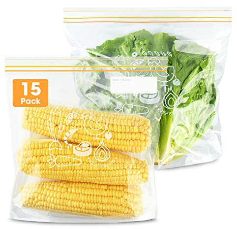 Esimlife Large Reusable Food Storage Bags - 15 Pack Sealed, Freezer, Ziplock Pour & Store Sandwich Bags
