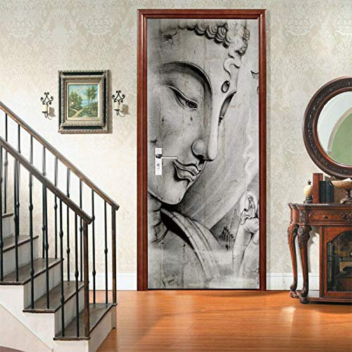 ZOOINB Autocollant De Porte 3D Art De Bouddha Noir Et Blanc Auto Adhésif Trompe L'Oeil Mural Poster Imperméable Pvc Autocollants De Porte Muraux Cuisine Salle De Bain Chambre D'Enfant Art Decor Affich