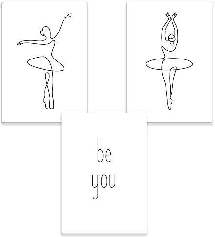 ChicResult Line Art Wandbilder 3er Set BE YOU - Moderne schwarz-weiß Bilder, Wandbild mit Spruch, Bilderset Ballerina (3 x DIN A4 ohne Bilderrahmen)