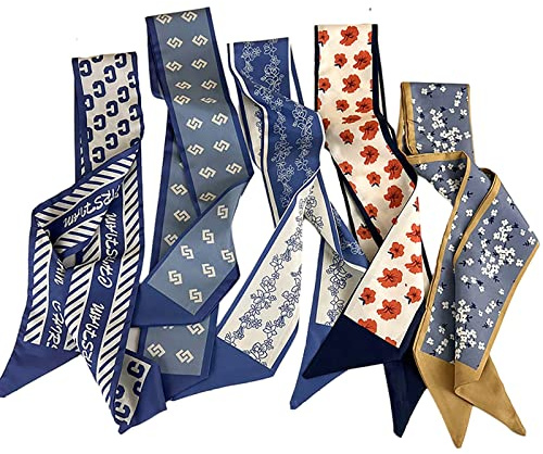NCDUANSAN Retro small silk scarf girl heart spring and summer narrow ribbon headband headband bag decoration long scarf headdress (blue hair band 5pcs)