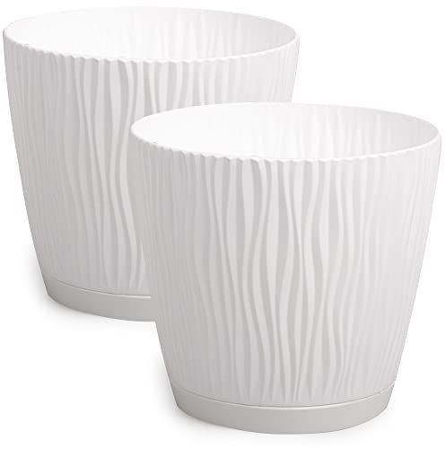 PECZEKO Macetas Mate Macetas Decorativas Hierbas Macetas Redondas de plástico duraderas y Ligeras para salón, Comedor, Cocina, terraza, balcón Juego de 2 Piezas (Blanco, diámetro 17 cm)