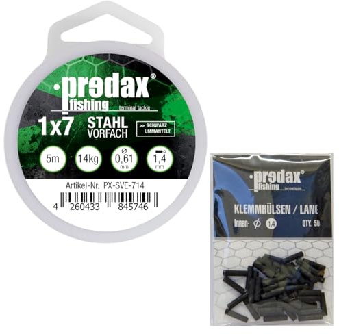 Predax Stahlvorfach 1x7 schwarz 5m 14kg + 50 Klemmhülsen 1,4mm - Set, Vorfach zum Angeln auf Zander, Hecht & Barsch