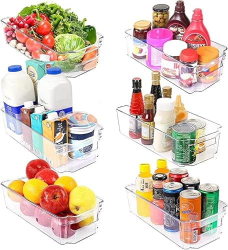 KICHLY Stackable Fridge Organisers - Set of 6 Storage Containers with Handles - Multipurpose Organizer Boxes For Kitchen, Fridge, Cupboard, Snacks, Cans, Tins, Pantry, Under Sink - BPA Free - Clear