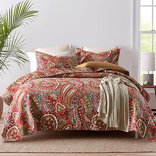 ENASAL Tagesdecke Baumwolle Bettdecke 240x260cm, Bettüberwurf 250x270 mit Rot Paisley Blumen Muster, Ganzjahresdecke Gesteppte Decke Steppdecke mit 2 Kissenbezug