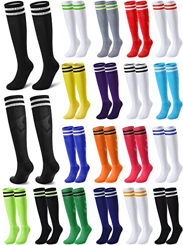 18 Paar bunte Fußballsocken für den Sommer, Unisex, kniehohe Schlauchsocken, dehnbar, Fußball, athletische Baseballsocken mit Doppelstreifen für Erwachsene, Männer, Frauen, 18 Farben, Einheitsgröße