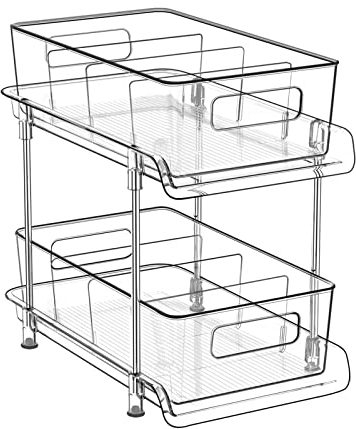 HIHEGD 2-stöckige Badezimmer-Aufbewahrung mit Trennwänden, transparenter Organizer unter der Spüle, ausziehbarer Organizer für Küche, Speisekammer, Medizinschrank