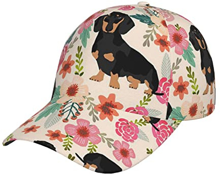 ZORIN Sport Cap Unisex Verstellbare gebogene Krempe Baseball Cap 3D Dackel Hund und Blumen Tennis Cap Snapback Hüte Papa Trucker Cap für Jugendliche Jungen Frauen Männer Schwarz, Schwarz , One size