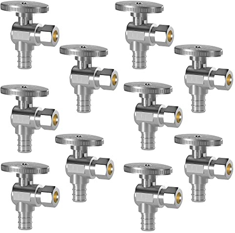 Hourleey 10 Pack Angle Stop Valve, Water Shut Off Valve 1/2 PEX x 3/8 OD Compression, Quarter Turn Chrome Plated Brass Valve