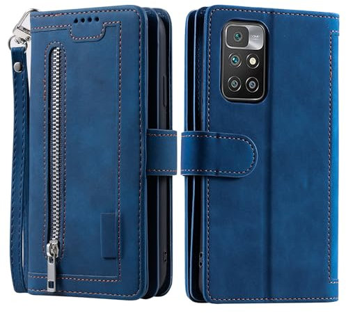 VEEMOS Étui Portefeuille pour Xiaomi Redmi 10 / Redmi 10 2022 Flip Case Couverture De Téléphone De Protection en Cuir Folio avec Kickstand Fentes pour Cartes Poche À Glissière - Bleu