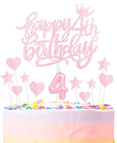 Happy 4th Birthday Candles Cake Toppers Set, Number 4 Candles for Cake, Birthday Party Candles, Light Pink Birthday Cake Candles Heart Star Cupcake Toppers for Girls Women Birthday Cake Decorations