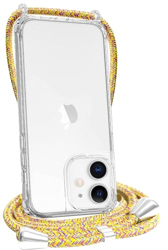 FOQENCCI for iPhone 12 Crossbody Case,Clear Phone Case for iPhone 12 Pro with Adjustable Lanyard Strap,Soft TPU + Hard PC Bumper Drop Protection Phone Cover Yellow Rainbow 6.1 inch