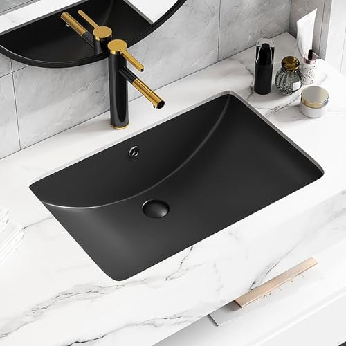 Lavabo de baño empotrado de cerámica negro, lavabo para balcón bajo encimera, lavabo contenedor para baño bajo encimera con grifo extraíble redondo, cuatro grifos para elegir, apto para baños, etc. (