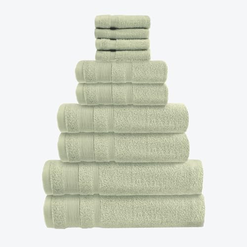 Allure Zero Twist 10 Piece Towel Set - 4 Face Cloths, 2 Hand Towels, 2 Bath Towels, 2 Bath Sheets, 100% Egyptian Cotton (Sage Green)