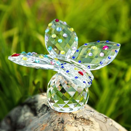 QFkris 4inch Rhinestone Butterfly with Crystal Ball Base Figurine Cut Glass Animal Collectible Home Decor Centerpiece